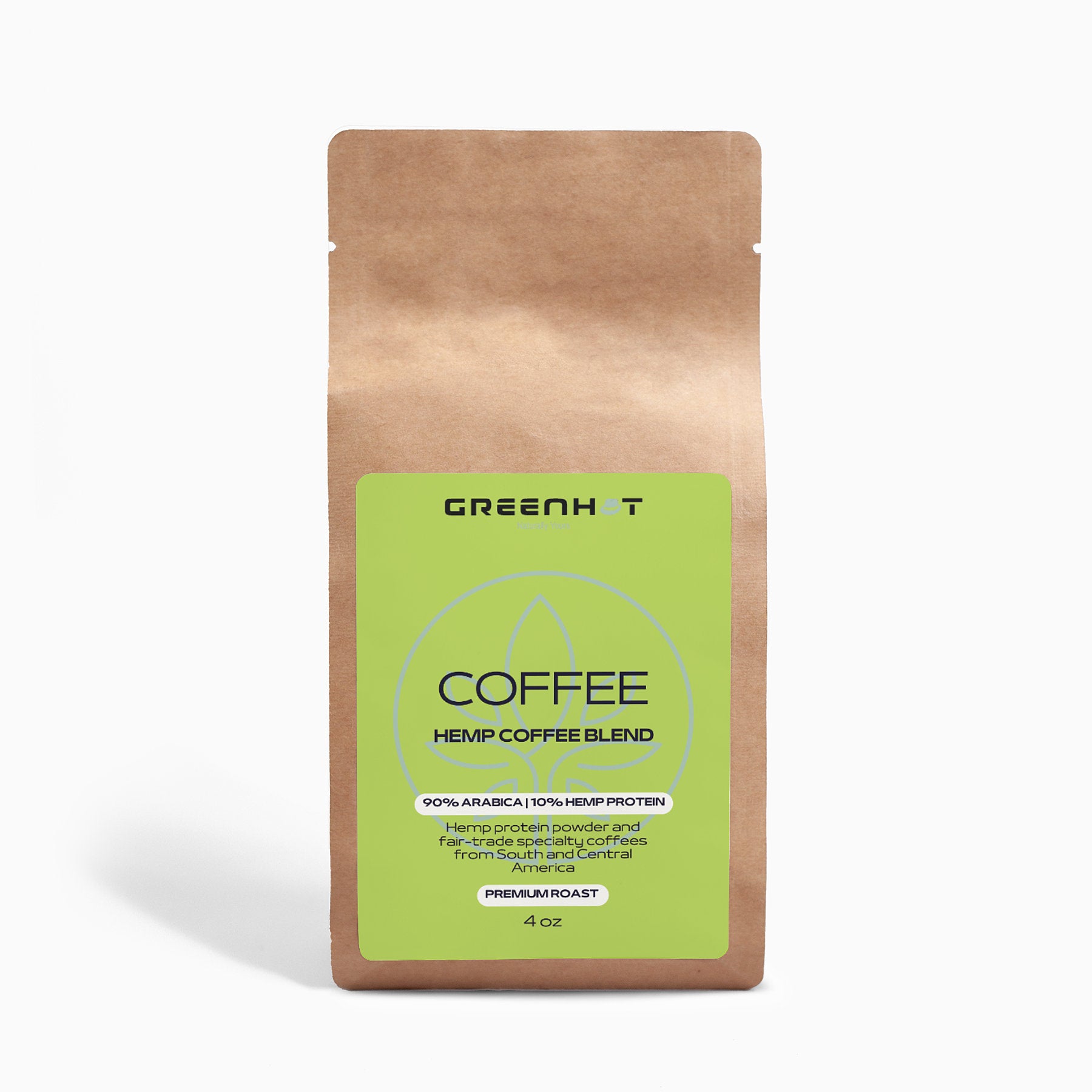 A brown paper bag labeled "GreenHat Organic Hemp Coffee Blend - Medium Roast 4oz" containing 4 oz of premium roast, Fair Trade Coffee, with a mix of 90% Arabica and 10% organic hemp protein powder.