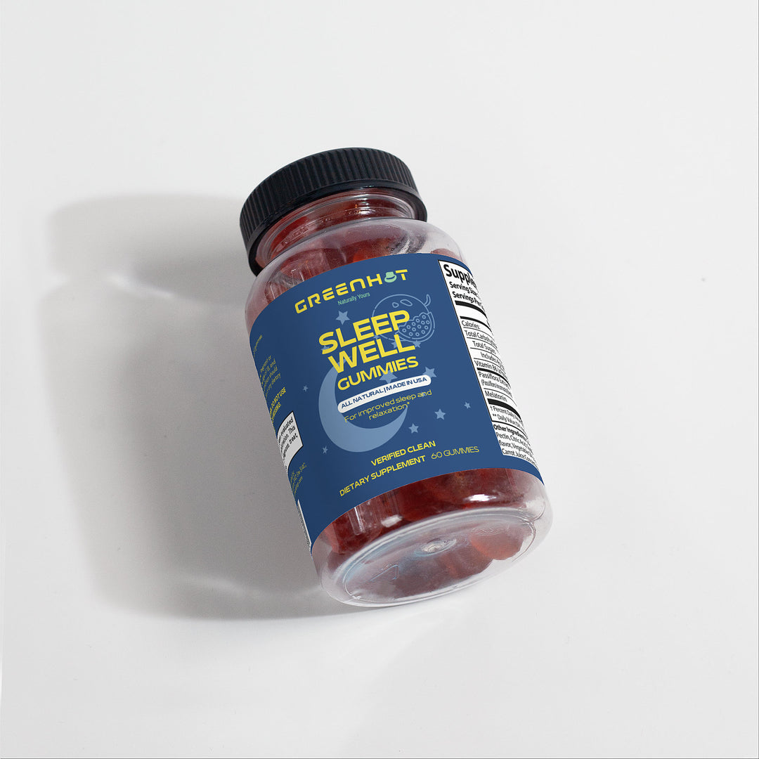 A plastic bottle labeled "Sleep Well Gummies (Adult)" by GreenHat lies on its side. The label is blue with yellow text, and the bottle contains red gummies that offer a natural sleep aid for restful nights.