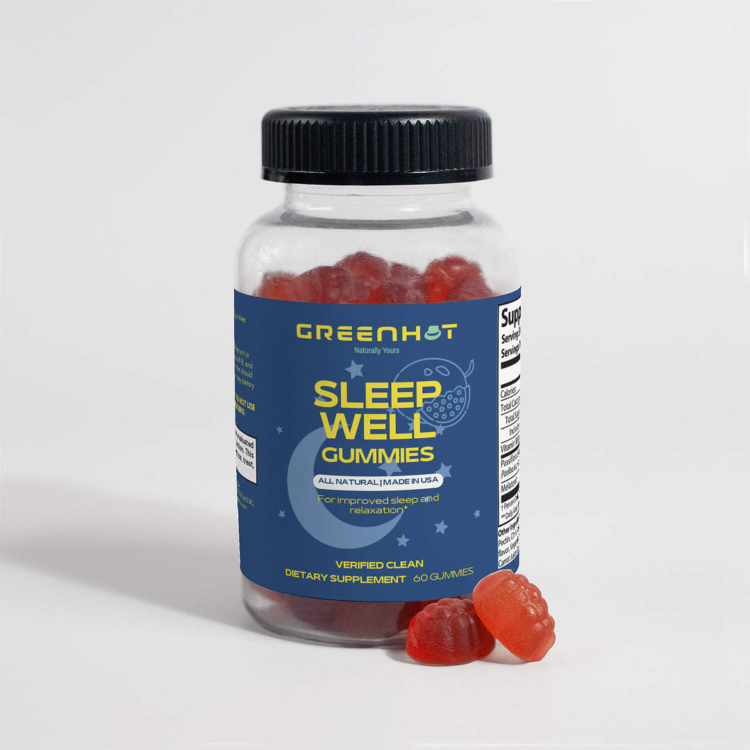 A bottle of GreenHat Sleep Well Gummies (Adult) with some gummies in front. The label states it is for improved sleep and relaxation, containing 60 all-natural gummies, and is made in the USA. Perfect for those seeking restful nights, these natural sleep aids are your ticket to better rest.