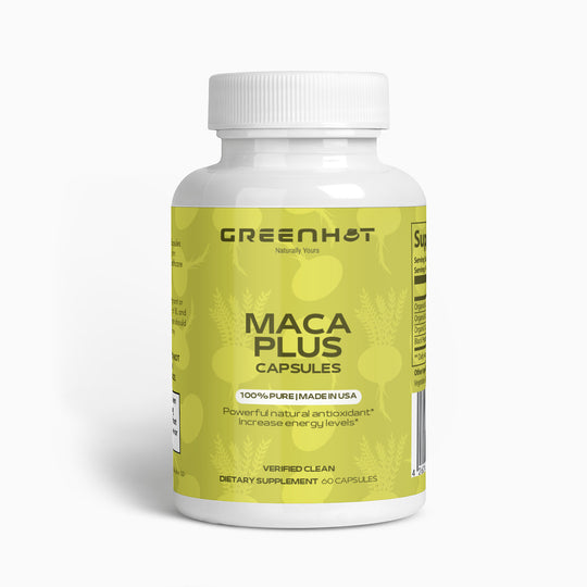 A bottle of GreenHat Maca Plus - Experience Natural Vitality Capsules with a yellow label, containing 60 dietary supplement capsules. The label highlights that it is a powerful natural antioxidant made in the USA, featuring Maca root to increase energy levels and support hormone balance.