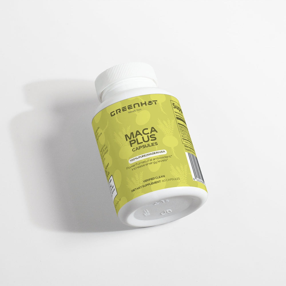 A bottle of Maca Plus - Experience Natural Vitality capsules from GreenHat, featuring a yellow label with various product details. The label mentions 120 vegetable capsules, emphasizing an energy boost and hormone balance support from Maca root.