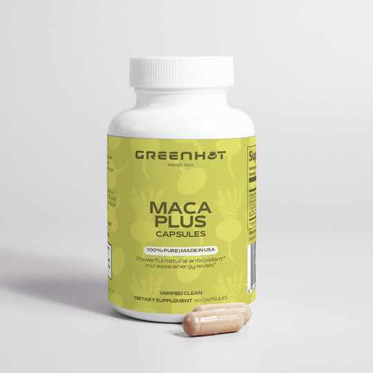 A bottle of GreenHat's Maca Plus – Experience Natural Vitality capsules with a yellow label sits on a white background alongside three loose capsules. The label highlights its natural, antioxidant properties and the energy-boosting benefits derived from Maca root.