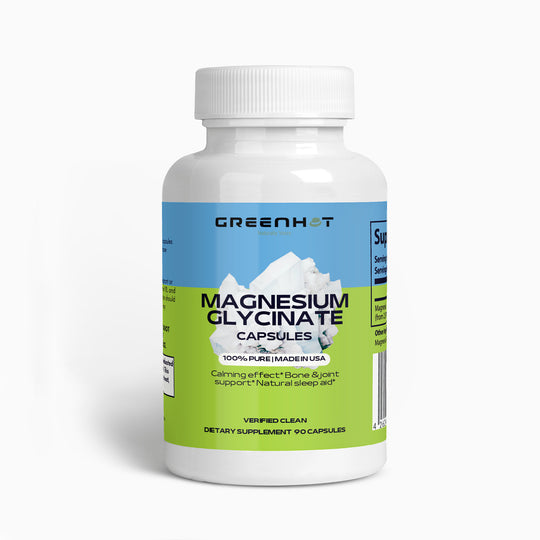 The "GreenHat" Magnesium Glycinate bottle has a blue label and contains 90 capsules. Made in the USA, these supplements support calming and sleep by addressing magnesium deficiency effectively.