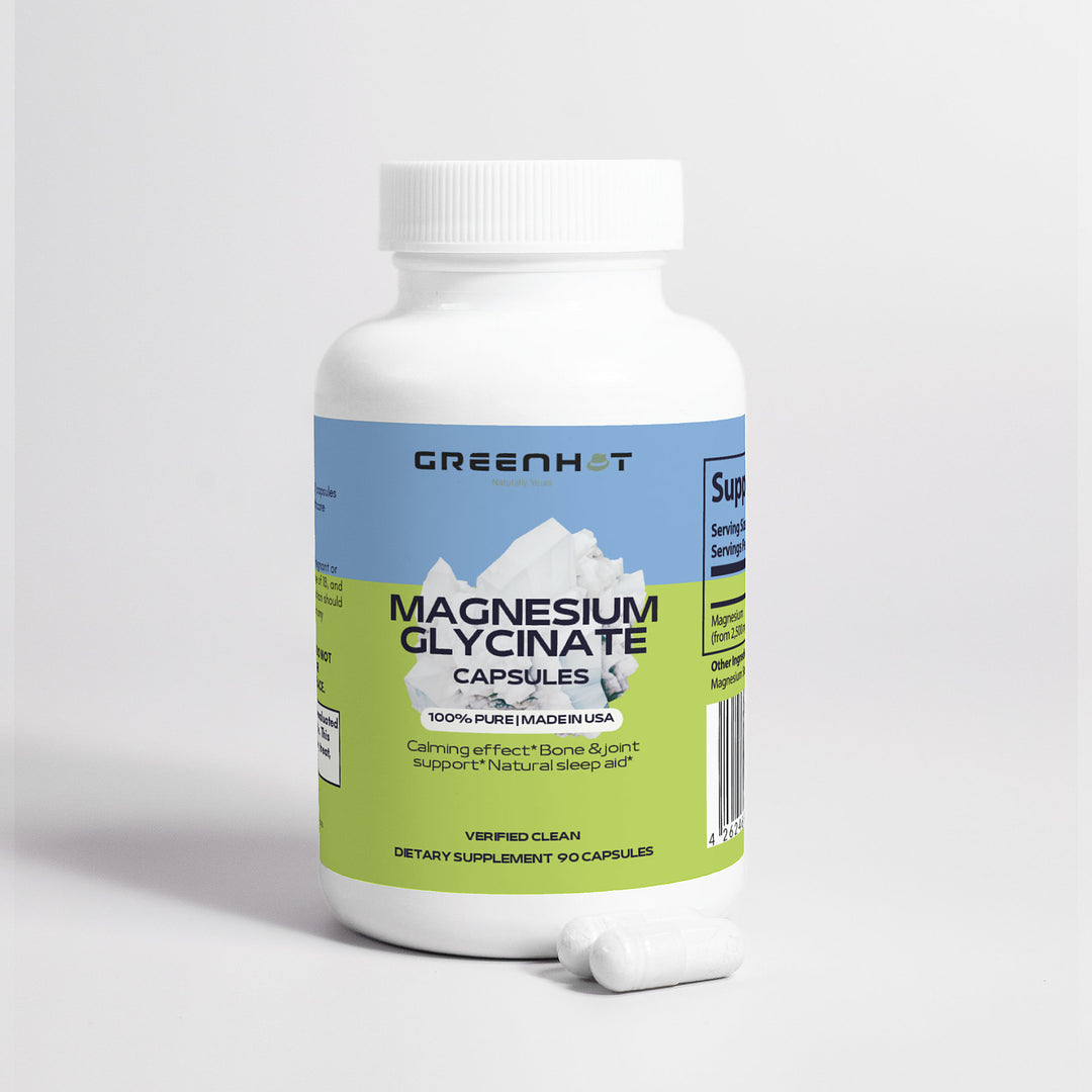 A "Magnesium Glycinate" bottle by GreenHat stands upright, with two capsules beside it, highlighting its role in addressing magnesium deficiency and emphasizing calming effects and sleep aid benefits.