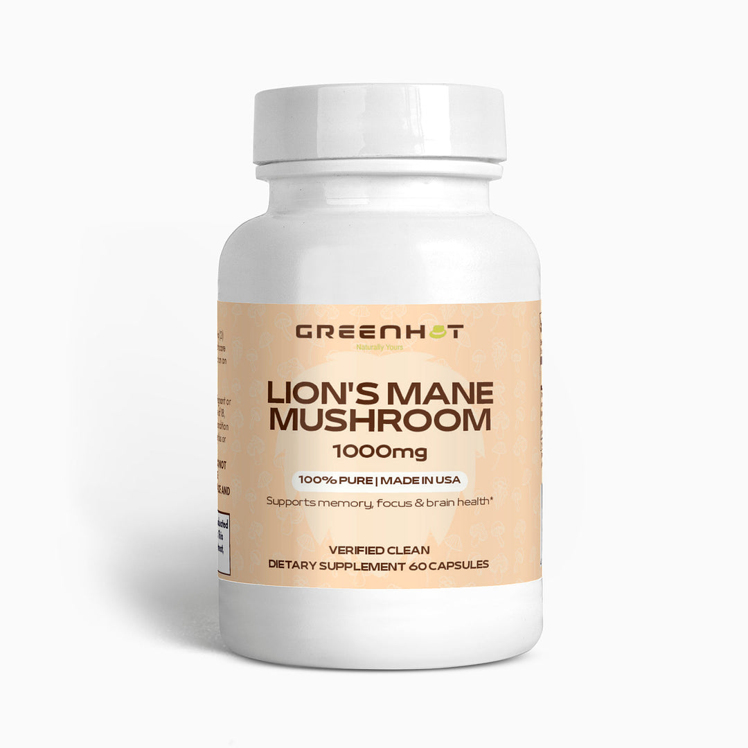 The white bottle labeled "Lion's Mane Mushroom - Cognitive Enhancement" by GreenHat, made in the USA, offers cognitive benefits such as improved memory, focus, and brain health. It contains 60 capsules of 1000mg each.