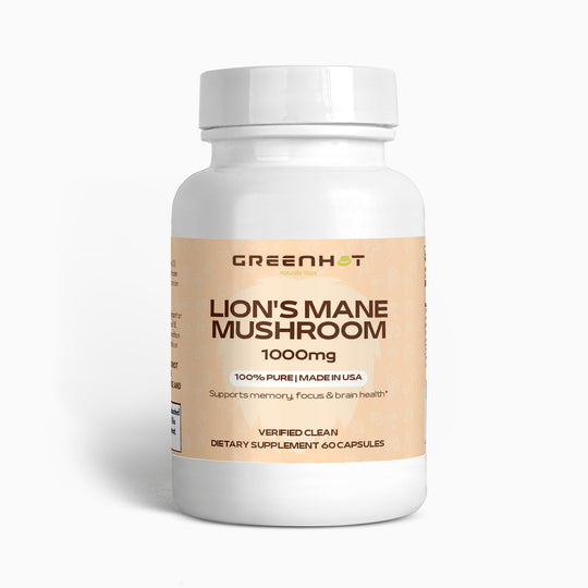 The white bottle labeled "Lion's Mane Mushroom - Cognitive Enhancement" by GreenHat, made in the USA, offers cognitive benefits such as improved memory, focus, and brain health. It contains 60 capsules of 1000mg each.