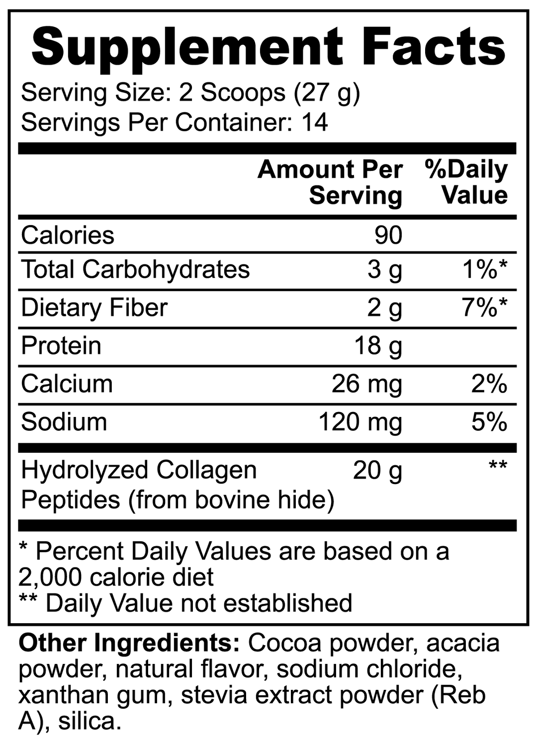 Nutritional label showing serving size, calories, nutrients, and ingredients for a GreenHat Grass-Fed Collagen Peptides Powder (Chocolate), including carbohydrates, protein, collagen peptides, and vitamins.