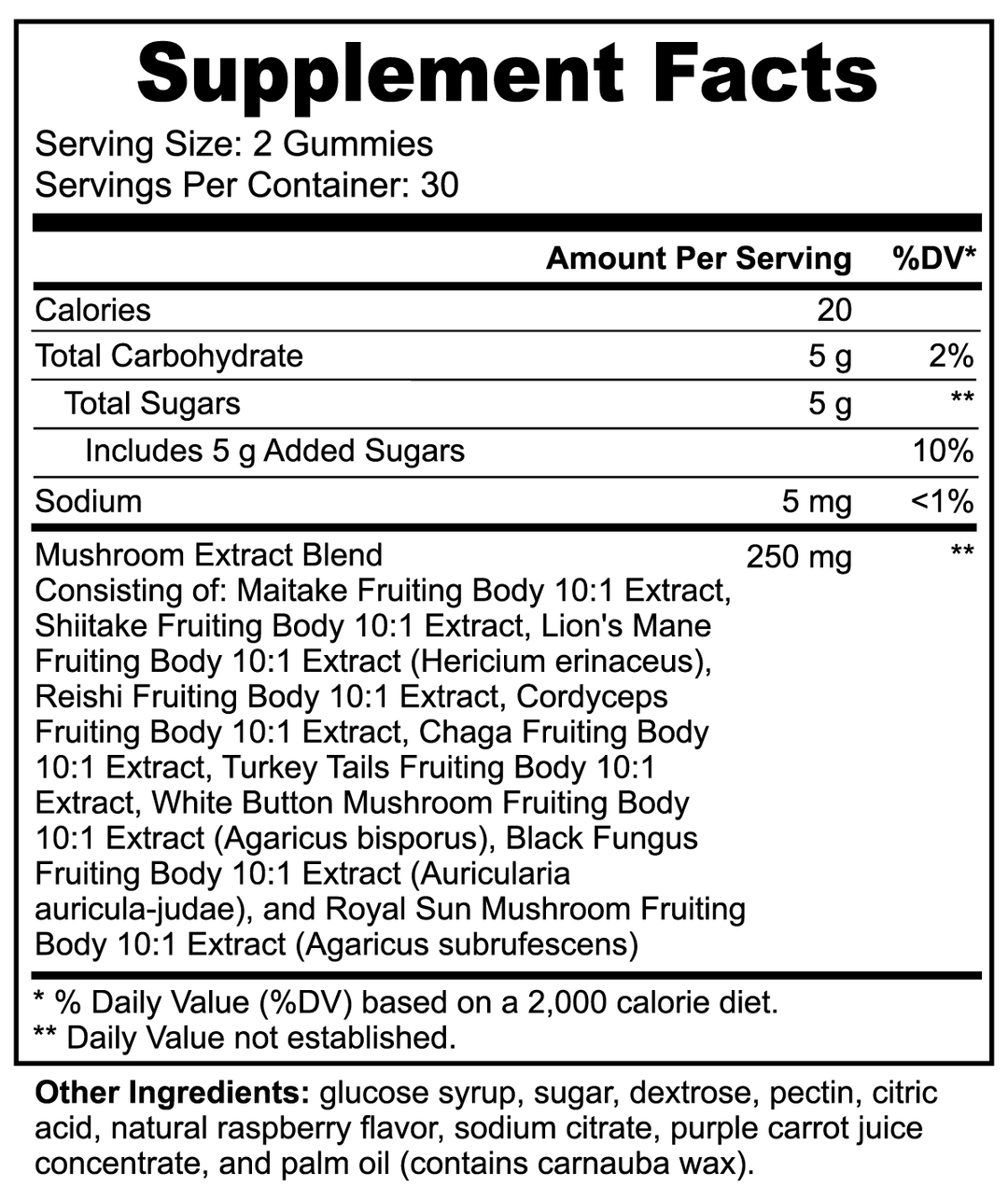 Supplement facts label: serving size 2 Mushroom Extract Complex Gummies, 30 servings per container. Includes details on calories, carbs, sugars, vitamin D, and a mushroom extract blend for immunity boost. Lists other ingredients at the bottom.

Product Name: Mushroom Extract Complex Gummies  
Brand Name: GreenHat