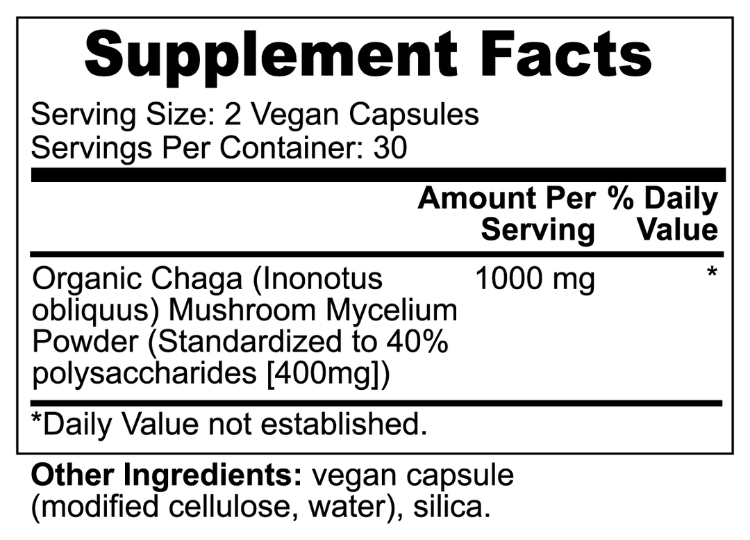 Supplement Facts label showing 1000 mg of Chaga Mushroom - Natural Immunity by GreenHat per serving. Known for its immune-boosting and antioxidant properties, the serving size is 2 vegan capsules, with 30 servings per container. Other ingredients include modified cellulose, water, silica.