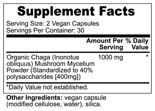 Supplement Facts label showing 1000 mg of Chaga Mushroom - Natural Immunity by GreenHat per serving. Known for its immune-boosting and antioxidant properties, the serving size is 2 vegan capsules, with 30 servings per container. Other ingredients include modified cellulose, water, silica.