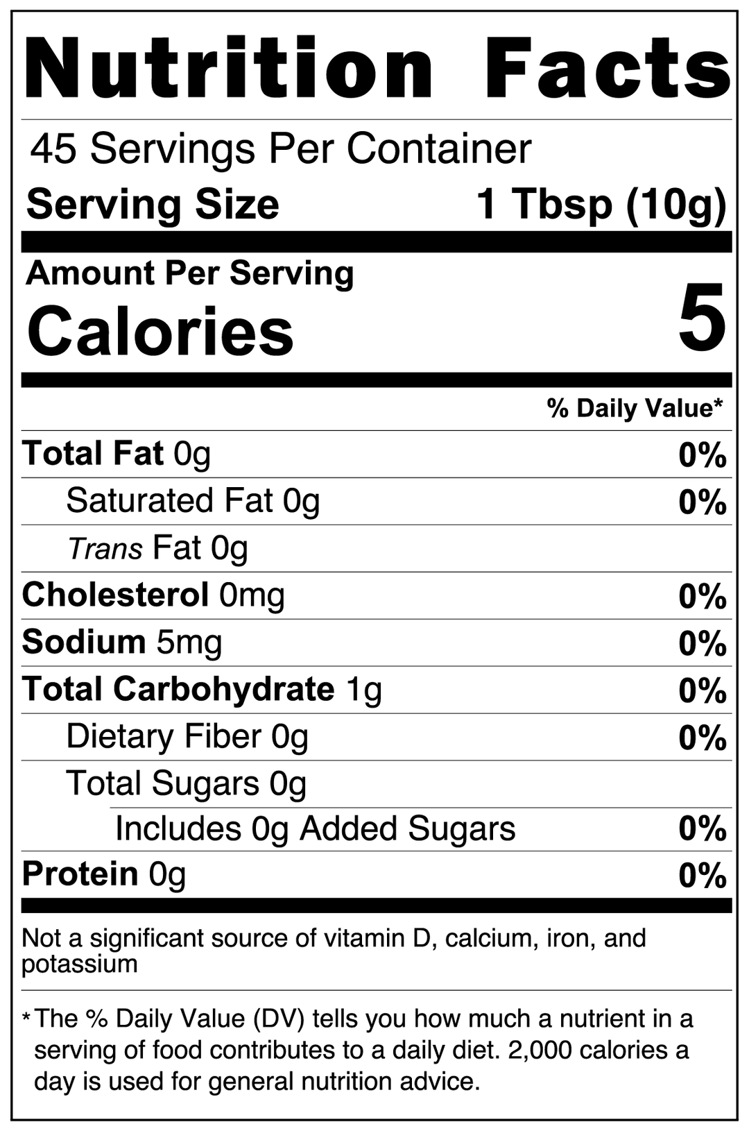 Nutrition Facts label indicating 45 servings per container, serving size 1 Tbsp (10g), with 5 calories per serving. Perfect for your GreenHat Mushroom Coffee Fusion - Lion’s Mane & Chaga 16oz, it lists amounts for cholesterol, sodium, carbohydrates, and other nutrients—all at 0%—offering immune support and boosting cognitive function.