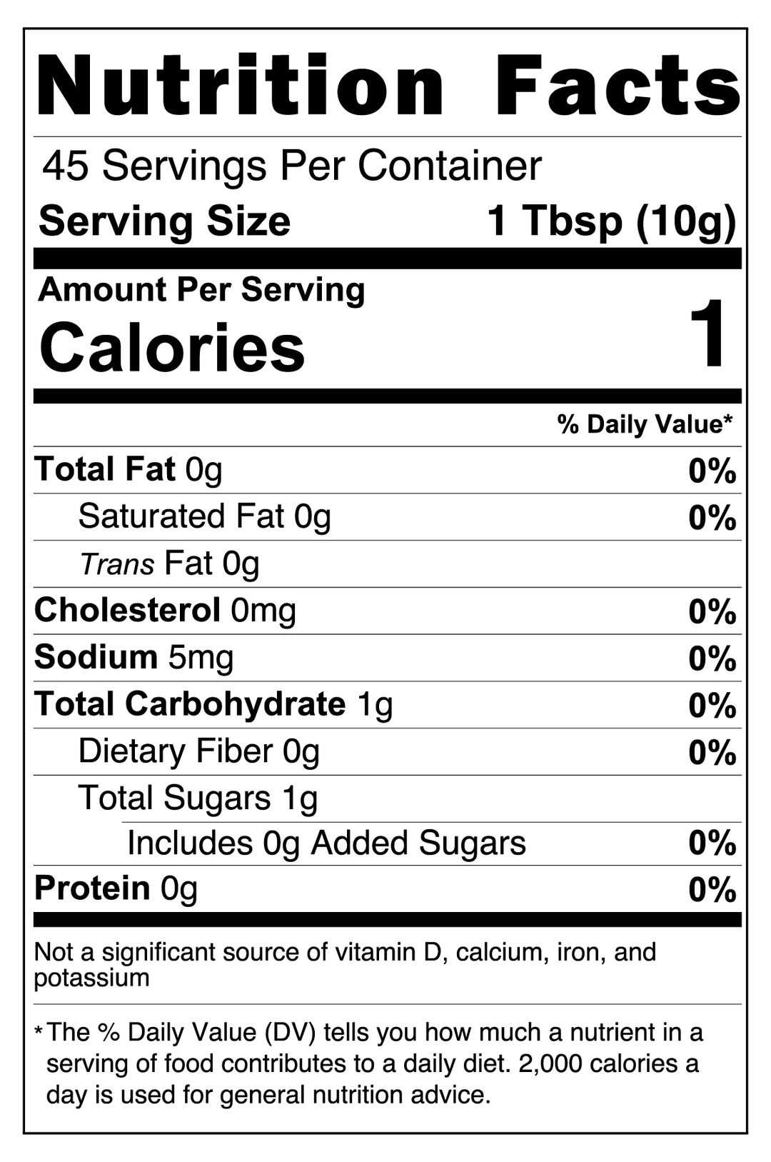 A nutrition facts label for Manuka Honey Coffee 16oz - Awaken Your Senses by GreenHat made with Arabica beans from New Zealand, showing values for a 10g serving size. It has 1 calorie, 0g total fat, 0mg cholesterol, 5mg sodium, 1g total carbohydrate, 0g dietary fiber, 1g total sugars, and 0g protein.