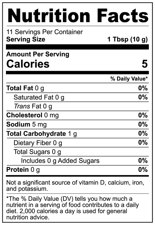 Nutrition Facts label for GreenHat Mushroom Coffee Fusion - Lion’s Mane & Chaga 4oz with serving size of 1 tbsp (10g), 11 servings per container. Each serving contains 5 calories, 0g fat, 1g total carbs, 0g protein, and 0mg cholesterol. Boosted with Chaga and Lion's Mane for added wellness benefits.