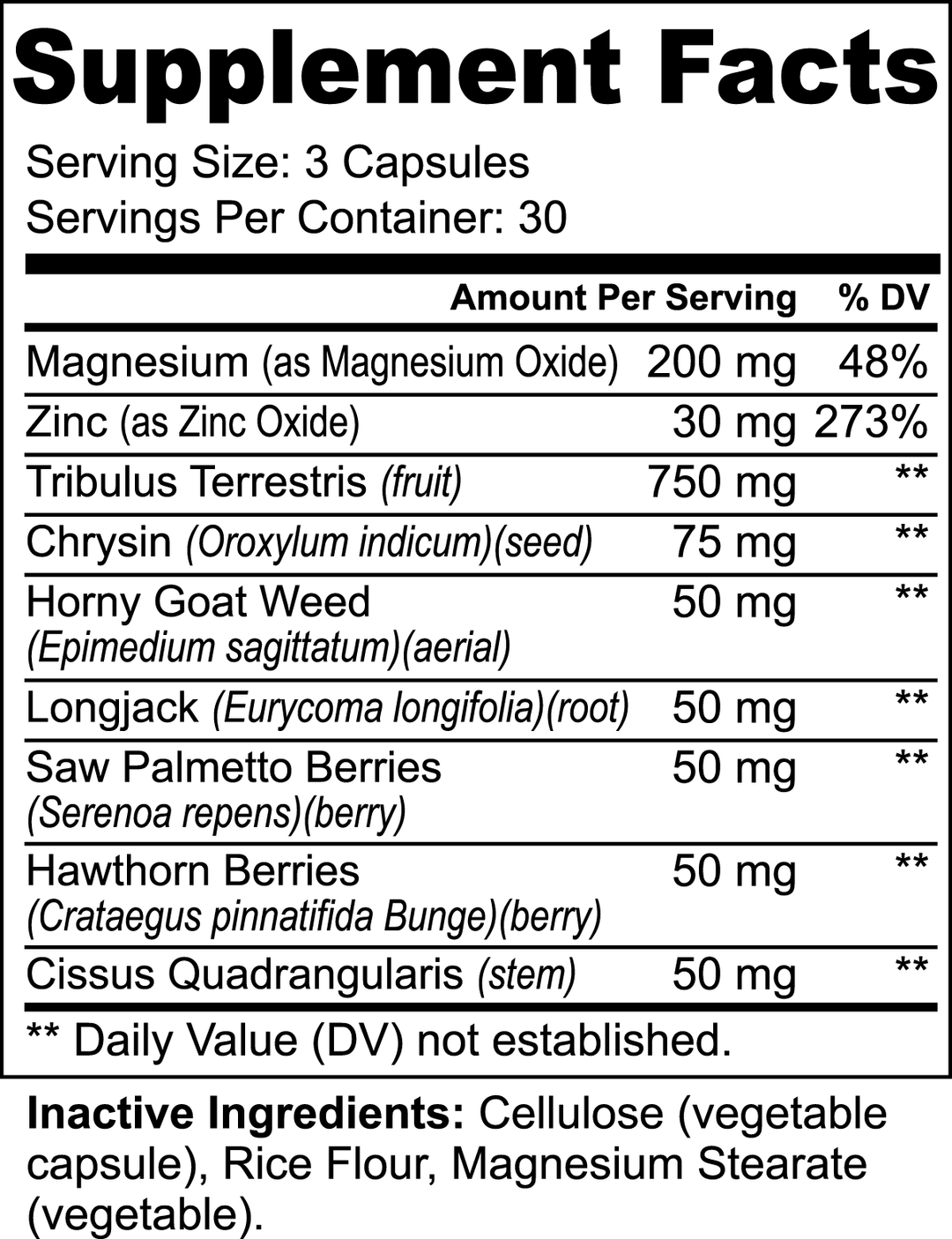 Supplement Facts label for GreenHat's Testosterone Booster - Get The Most Out Of Yourself showing serving size of 3 capsules and various ingredients including magnesium, zinc supplementation, Tribulus Terrestris, Chrysin, and more, along with inactive ingredients. This powerful blend serves as an effective testosterone booster.