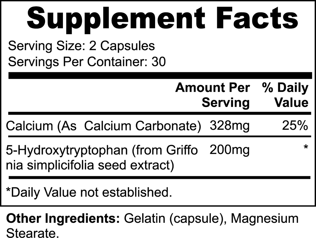 GreenHat 5-HTP - Serotonin Enhancer label showing serving size of 2 capsules, 30 servings per container. Contains 328mg Calcium (25% DV) and 200mg of serotonin-enhancer 5-Hydroxytryptophan for mood enhancement. Other ingredients: Gelatin, Magnesium Stearate.