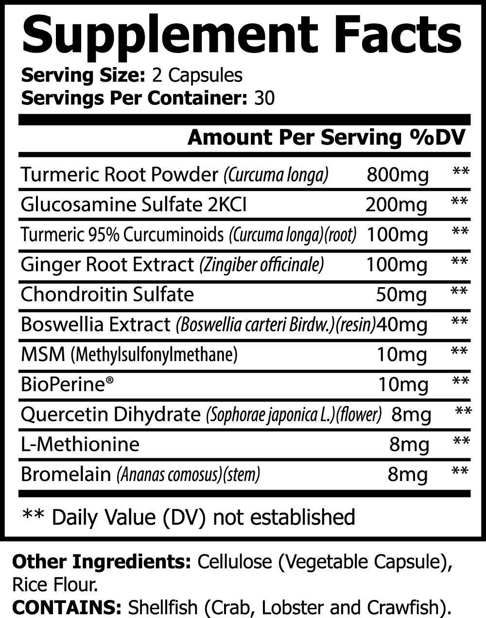 A black and white supplement facts label listing ingredients and their amounts, including turmeric root powder for joint pain relief, glucosamine sulfate 2KCl, ginger root extract for digestive health, and others. Product: Platinum Turmeric - Immunity Accelerator by GreenHat. Servings per container: 30.