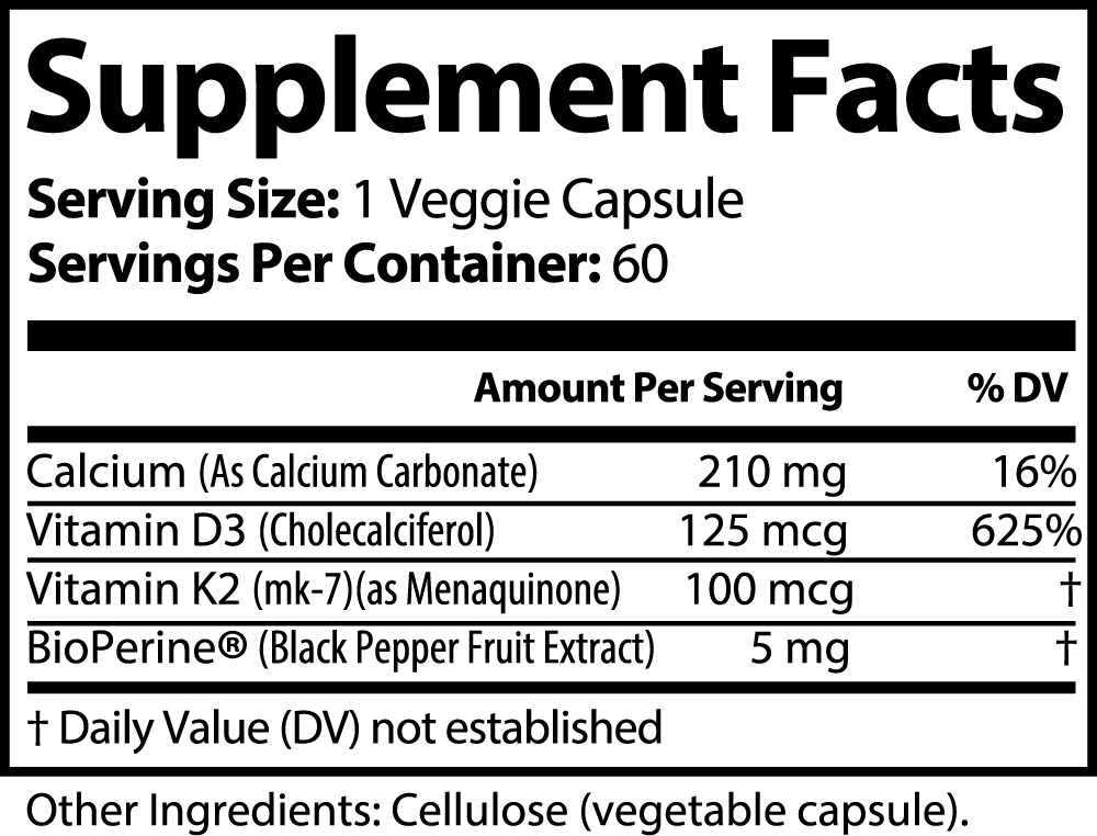 Supplement Facts label showing nutrient content per serving of one veggie capsule, with 60 servings per container. Lists Calcium, Vitamin D3 for essential bone support, Vitamin K2, and BioPerine amounts and % daily values for GreenHat Bone & Heart Support - Strengthen Your Foundation.