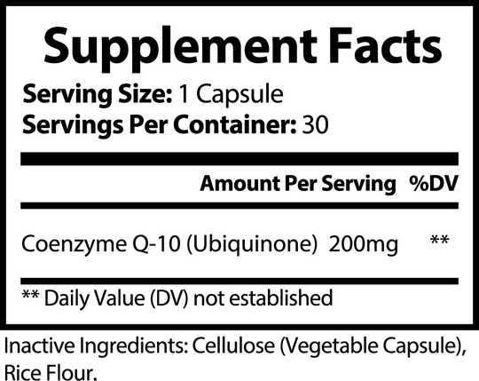 Label displaying supplement facts for GreenHat's CoQ10 Ubiquinone Vital Nutrient for Health, with serving size, amounts per serving, and inactive ingredients listed.