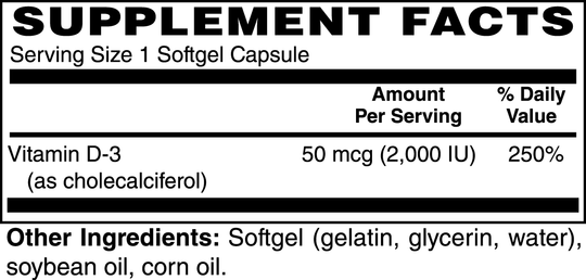 Supplement facts label for GreenHat Vitamin D3 - Strengthen Your Foundation softgel capsule. Contains 50 mcg (2,000 IU) of Vitamin D-3 (as cholecalciferol), 250% Daily Value, essential for bone development and maintaining energy levels. Other ingredients: gelatin, glycerin, water, soybean oil, corn oil.