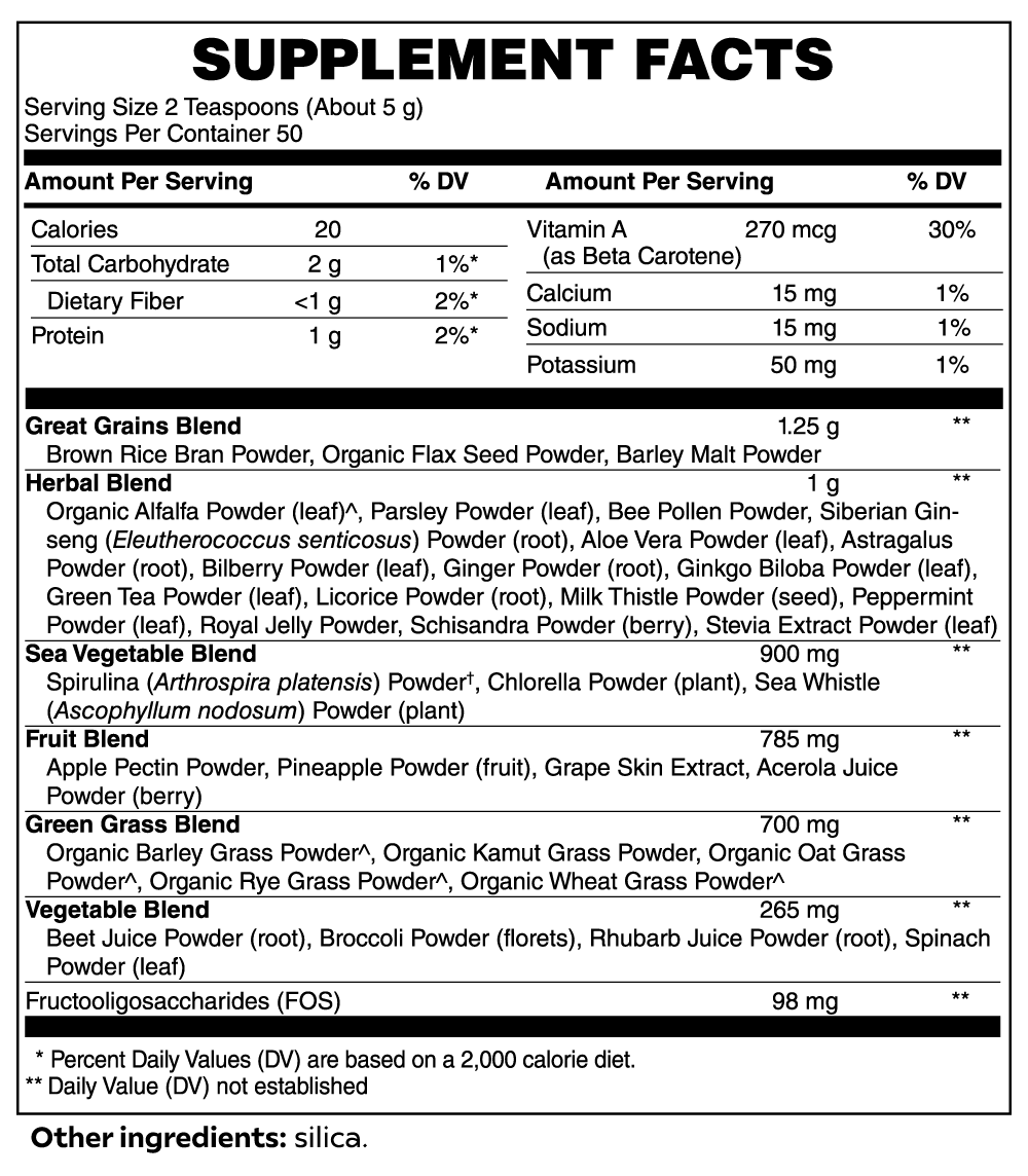 A black and white supplement facts label detailing nutritional information and ingredient list for a powder supplement. Key ingredients include Spirulina, various plant powders, extracts, and fructooligosaccharides: Ultra Clean Smoothie Greens - Natures Best by GreenHat.