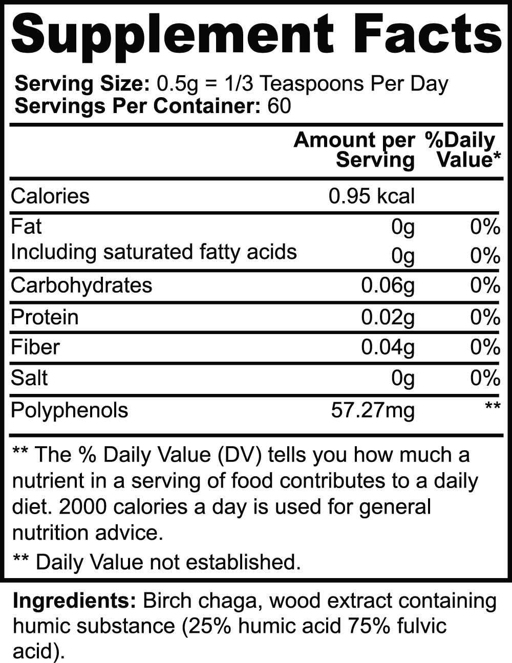 Supplement Facts label for GreenHat's Birch Chaga Microbiome Wellness Powder; serving size: 0.5g, 60 servings/container. Contains calories (0.95 kcal) and polyphenols (57.27mg). Ingredients: Birch Chaga, humic acid extract, packed with phytochemicals to support your immune system.