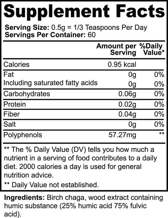 Supplement Facts label for GreenHat's Birch Chaga Microbiome Wellness Powder; serving size: 0.5g, 60 servings/container. Contains calories (0.95 kcal) and polyphenols (57.27mg). Ingredients: Birch Chaga, humic acid extract, packed with phytochemicals to support your immune system.