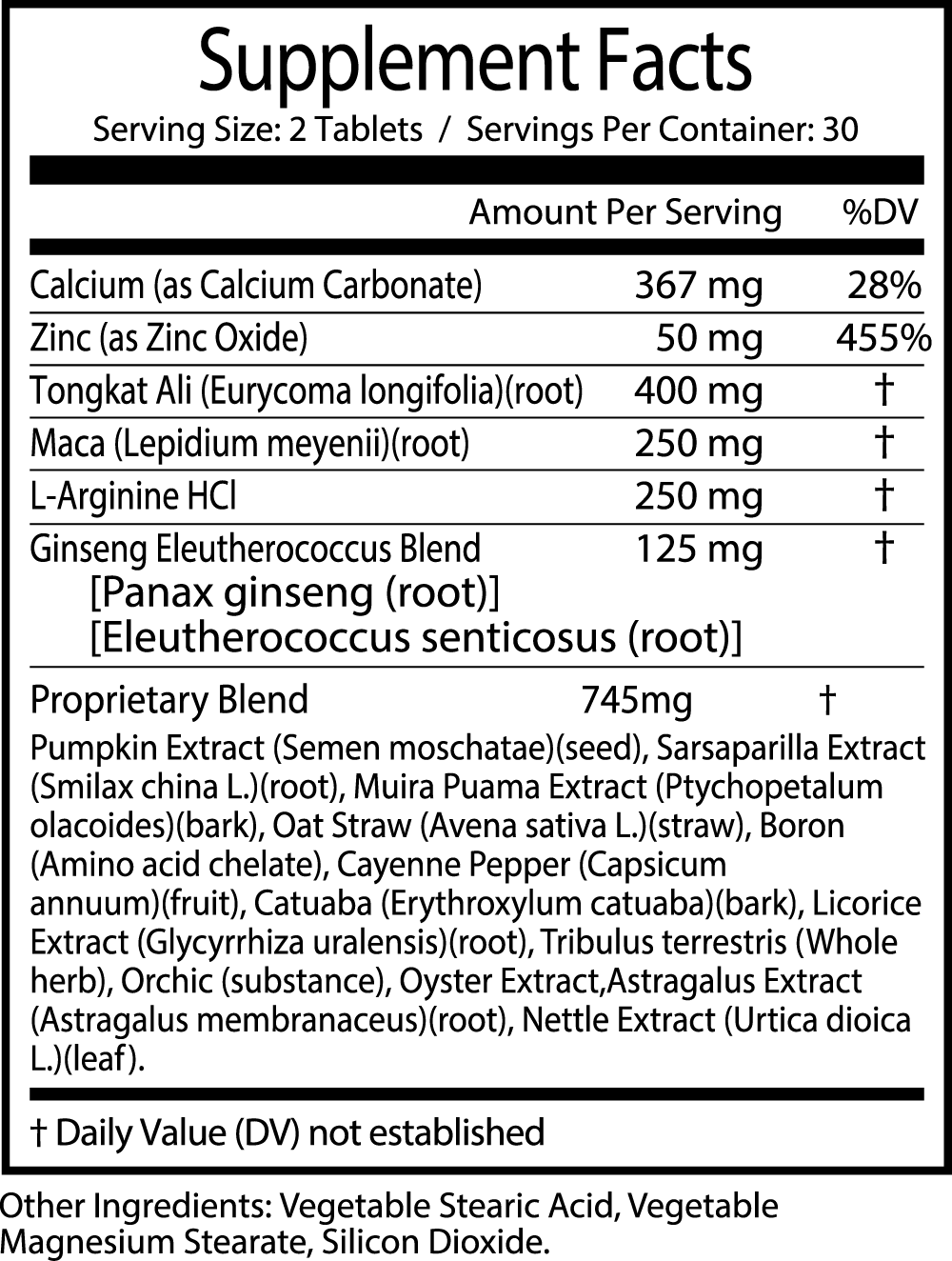 Supplement Facts label detailing nutrients and proprietary blend contents for GreenHat Male Enhancement - Performance Booster dietary supplement tablets. Key ingredients include Calcium, Zinc, L-Arginine, Panax Ginseng, and various extracts. Designed as performance booster male enhancement capsules to support those with libido issues.