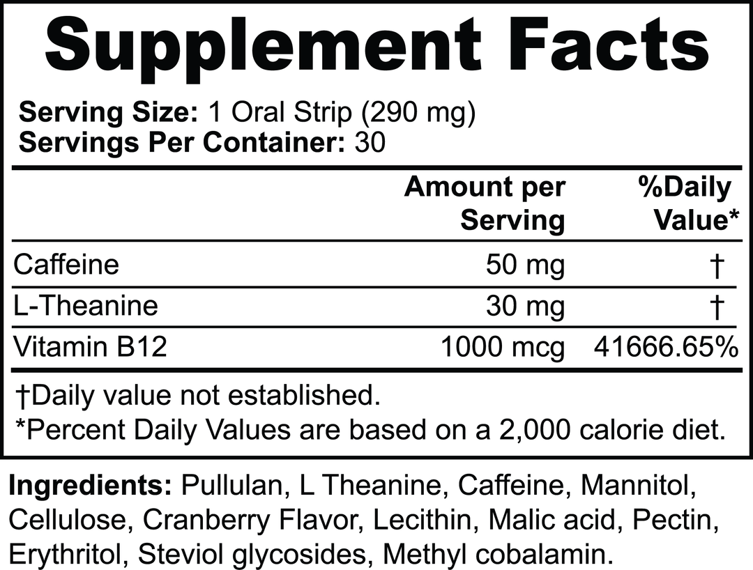 Label displaying supplement facts for GreenHat Energy Strips - Enhanced Focus & Alertness, including servings, amount per serving, and ingredients such as l-theanine, vitamin B12, and others.