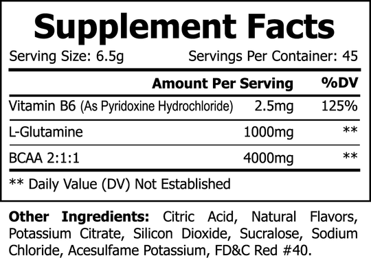Label showing supplement facts with serving size and ingredients such as vitamin B6, l-glutamine, GreenHat BCAA Shock Powder (Fruit Punch), and others; includes daily value percentages.