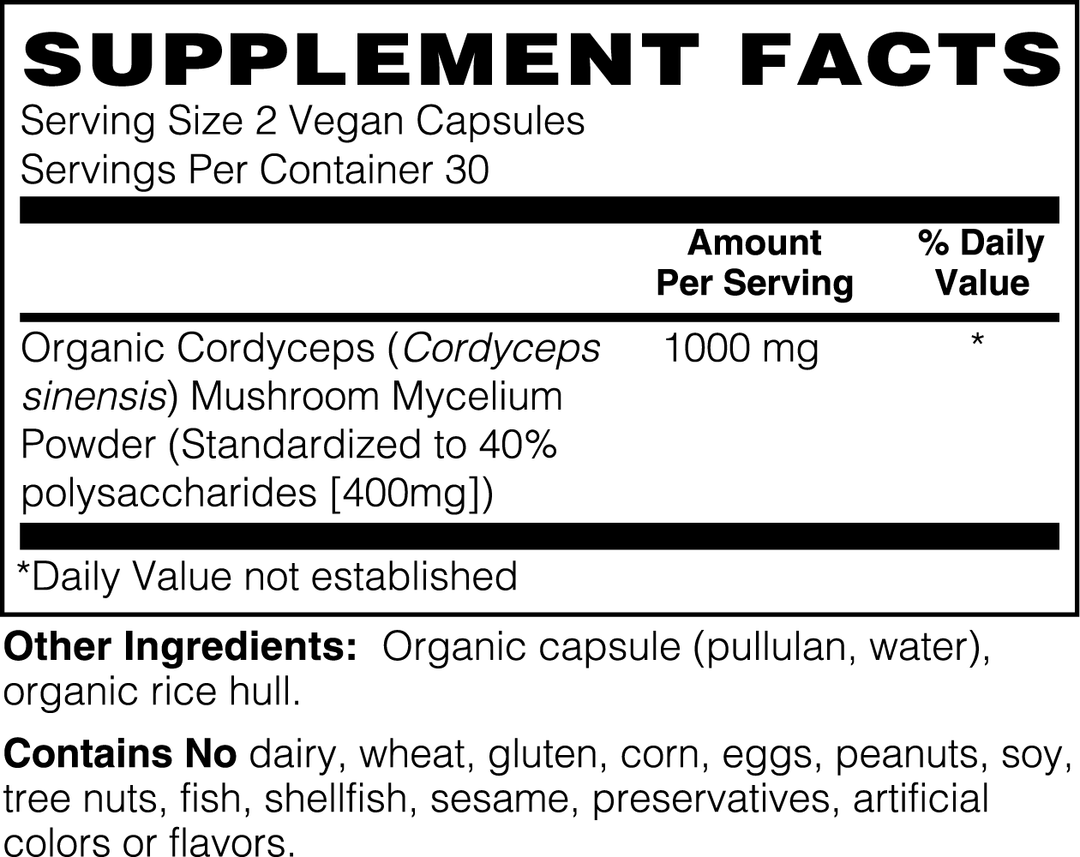 Supplement Facts label for GreenHat Cordyceps Mushroom - Enhanced Physical Performance capsules. Ingredients: Organic capsule (pullulan, water), organic rice hull. Known to enhance physical performance and support cognitive function. No dairy, wheat, gluten, corn, eggs, peanuts, soy, etc.