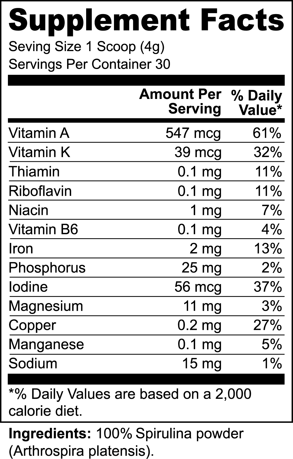 Supplement Facts label showing amounts and % Daily Values for various vitamins and minerals per serving size of 1 scoop (4g) from 30 servings. Ingredients: Organic Spirulina Powder - Ocean's Best (Arthrospira platensis), known for its high protein and dense nutrient content, by GreenHat.