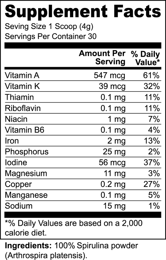 Supplement Facts label showing amounts and % Daily Values for various vitamins and minerals per serving size of 1 scoop (4g) from 30 servings. Ingredients: Organic Spirulina Powder - Ocean's Best (Arthrospira platensis), known for its high protein and dense nutrient content, by GreenHat.