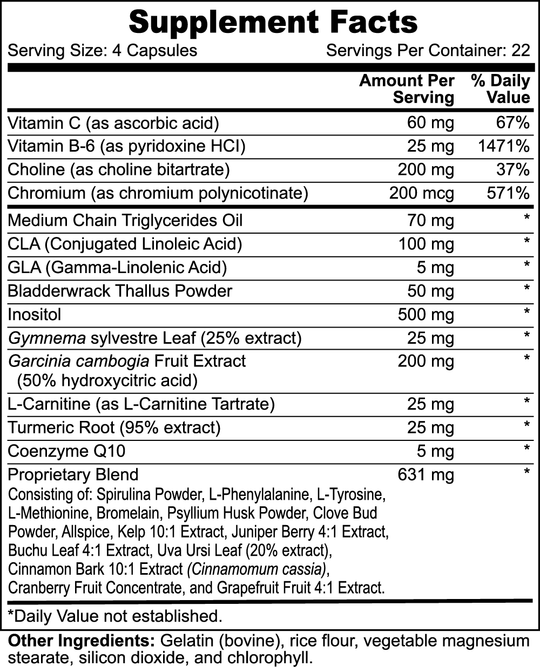 Black and white supplement facts label detailing serving size, number of servings, and amounts of various vitamins, minerals, and extracts per serving. Contains other ingredients, a blend list for weight loss support, including spirulina to enhance your Super Fat Burner with MCT regimen by GreenHat.