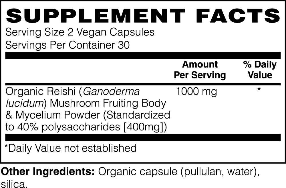 Supplement facts label for Reishi Mushroom - Adaptogenic Powerhouse by GreenHat. Each serving size is 2 capsules, with 30 servings per container. Contains 1000 mg organic Reishi Mushroom known for its adaptogenic benefits. Other ingredients: organic capsule, silica.