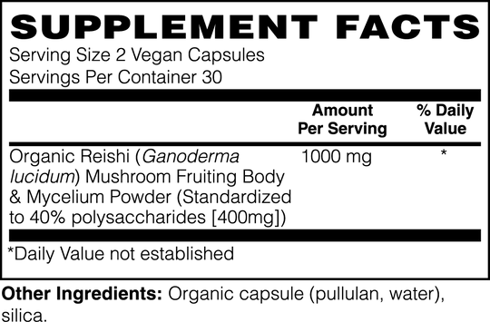 Supplement facts label for Reishi Mushroom - Adaptogenic Powerhouse by GreenHat. Each serving size is 2 capsules, with 30 servings per container. Contains 1000 mg organic Reishi Mushroom known for its adaptogenic benefits. Other ingredients: organic capsule, silica.