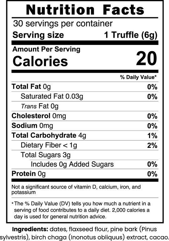 Nutrition Facts label for GreenHat Birch Chaga Truffles: 20 calories per serving, 0g total fat, 4g total carbohydrates, 1g dietary fiber, 3g total sugars, 0g protein. Ingredients include dates, flaxseed flour, and Birch Chaga extracts—an ideal blend to support essential nutrients for your immune system.