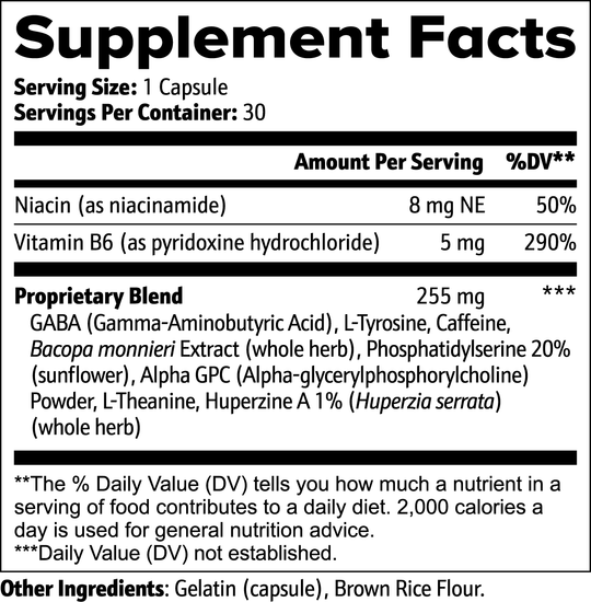 A black and white image of a supplement facts label. It lists the vitamins, proprietary blend ingredients for cognitive enhancement, and their daily values. Mentioned also are natural ingredients included to boost mental clarity and other essential components in one GreenHat Cognitive Support capsule.