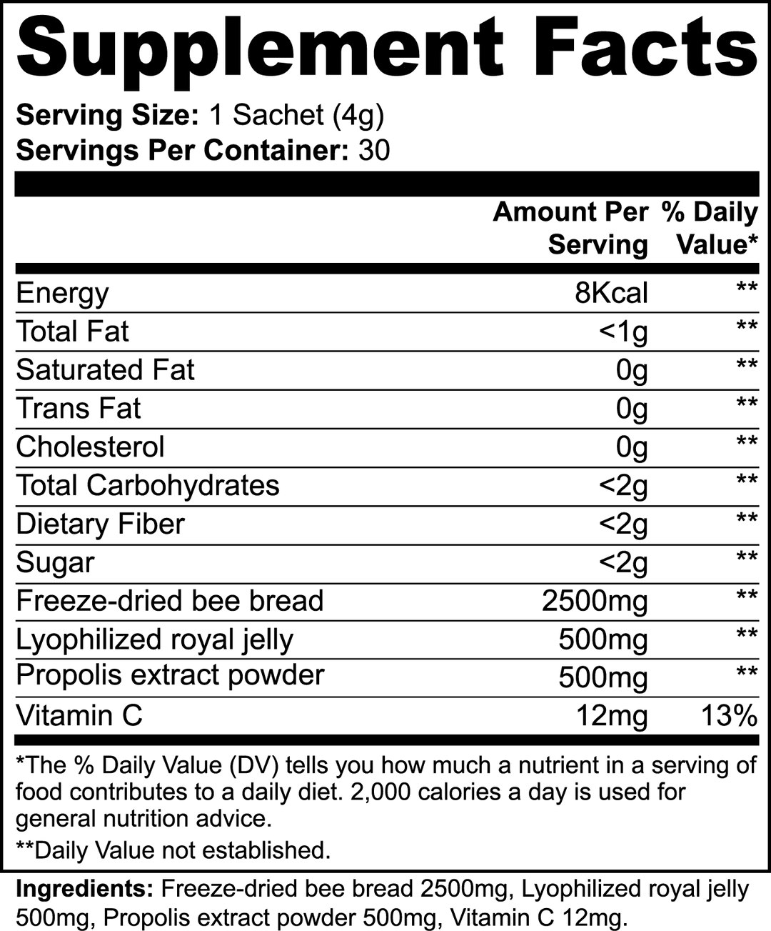 Black and white supplement facts label showing nutritional information for a single 4g sachet. Key ingredients include freeze-dried bee bread, lyophilized royal jelly, propolis extract, Vitamin C, and Bee Pearl Powder - Superfood Powerhouse – all supporting your holistic well-being for radiant skin. This product is brought to you by GreenHat.