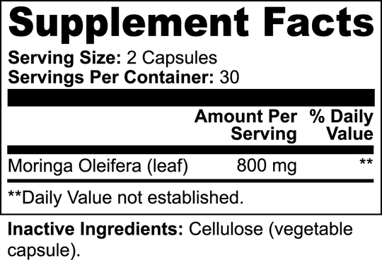 Supplement facts label showing serving size as 2 capsules, servings per container as 30, and Moringa Oleifera (leaf) quantity as 800 mg with daily value not established. This superfood supplement, **Moringa Pure - Enhance Cellular Health** by **GreenHat**, includes cellulose as an inactive ingredient.