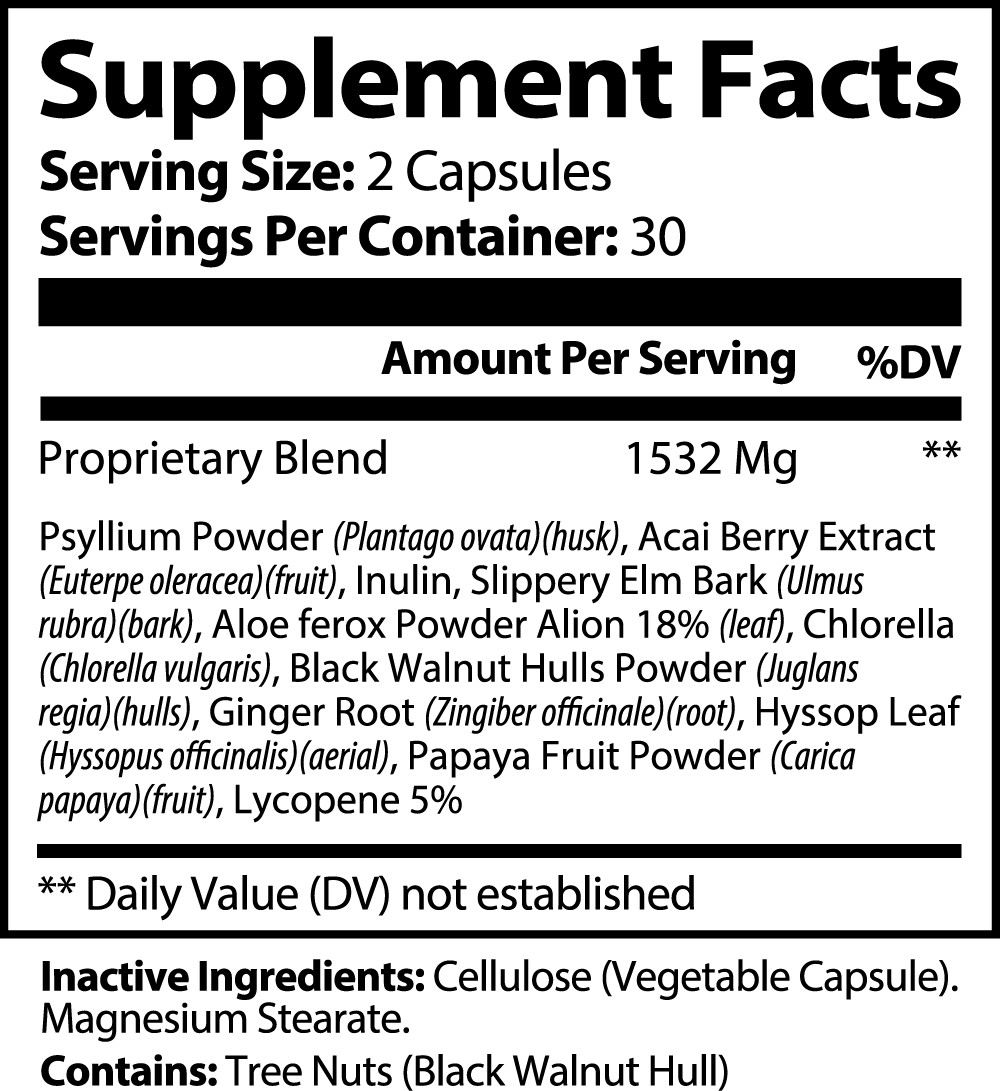 Supplement Facts label displaying serving size (2 capsules) and servings per container (30). Lists ingredients including Psyllium Powder, Acai Berry Extract for Max Detox (Acai detox) - Detoxifying Cleanse, Inulin, Slippery Elm Bark, Aloe Vera Powder, and others to help cleanse your body by GreenHat.