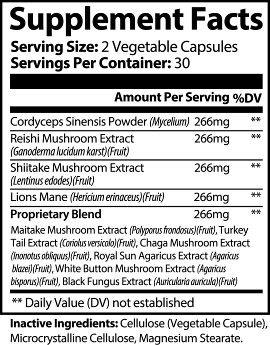 Supplement Facts label showing serving size, servings per container, ingredients including Cordyceps Sinensis, Reishi Mushroom, Shiitake Mushroom, Lion's Mane, and a proprietary blend of various adaptogenic mushrooms. These medicinal mushroom supplements offer a natural way to boost wellness with GreenHat's Mushroom Complex 10 X - Natural Power.