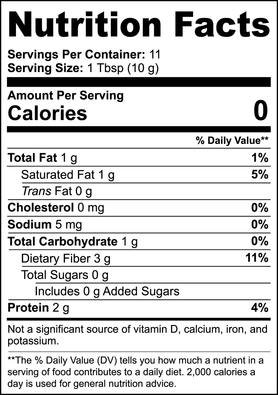 Nutrition Facts label for GreenHat Organic Hemp Coffee Blend - Medium Roast 4oz showing 0 calories, 1g total fat, 0mg cholesterol, 5mg sodium, 1g total carbohydrate with 3g dietary fiber, 0g sugars, and 2g protein per 1 tbsp serving. Enjoy guilt-free with Fair Trade Coffee. Contains approximately 11 servings per container.