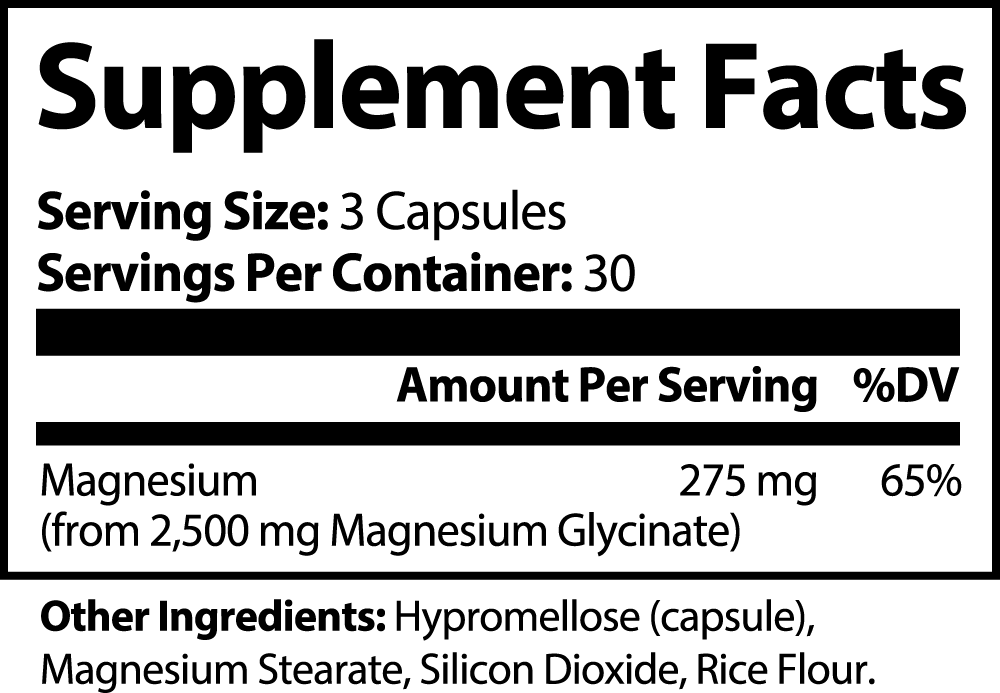 GreenHat Magnesium Glycinate supplement facts label indicates a serving size of 3 capsules containing 275 mg of magnesium glycinate, providing 65% DV for magnesium deficiency. Other ingredients are hypromellose, magnesium stearate, silicon dioxide, and rice flour.