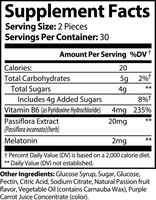 Supplement Facts label for GreenHat's Sleep Well Gummies (Adult): Calories 20, Total Carbohydrates 5g, Sugars 4g, Vitamin B6 4mg, Passiflora Extract 20mg, Melatonin 2mg. Designed as a natural sleep aid to ensure restful nights.