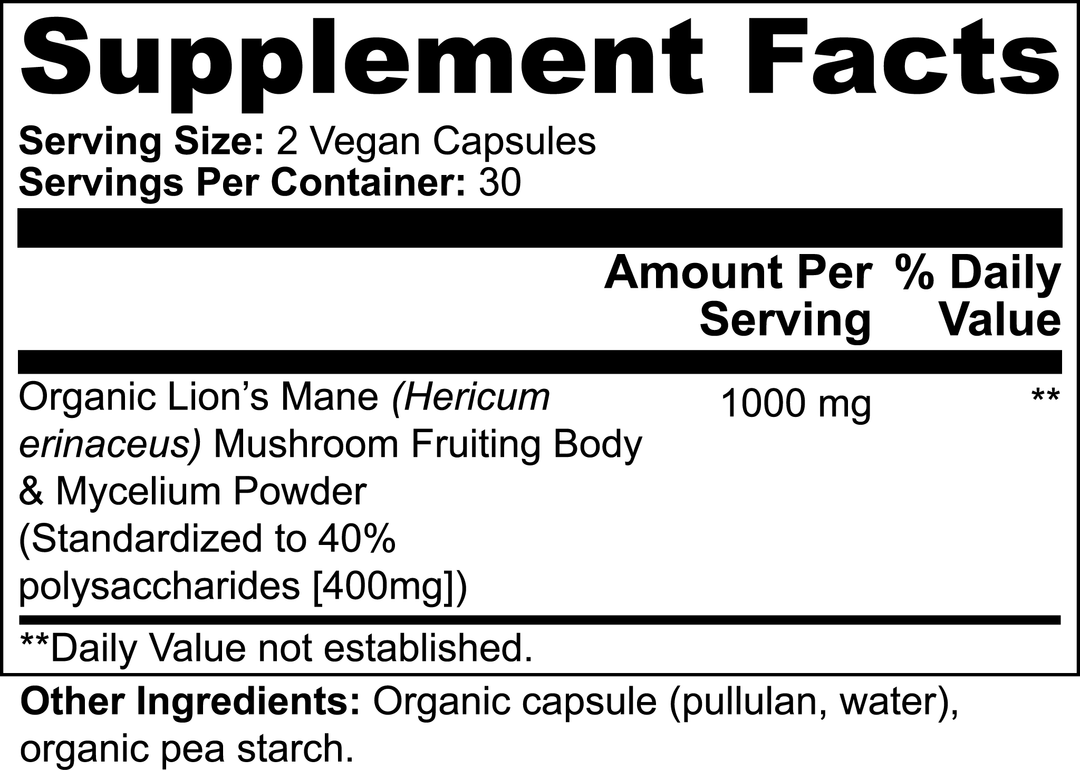 GreenHat's Lion's Mane Mushroom - Cognitive Enhancement capsules support brain health with cognitive benefits. Each serving consists of 2 capsules, offering 1000 mg of organic Lion's Mane, with 30 servings per container. Other ingredients are included on the Supplement Facts label.