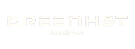 Logo of "greenhot" in white block letters with an icon of a hat above the letter 'o' and the slogan "naturally yours" underneath, all on a dark green background.