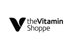 Logo of the vitamin shoppe, featuring a large black 'v' followed by the company name in lowercase letters.