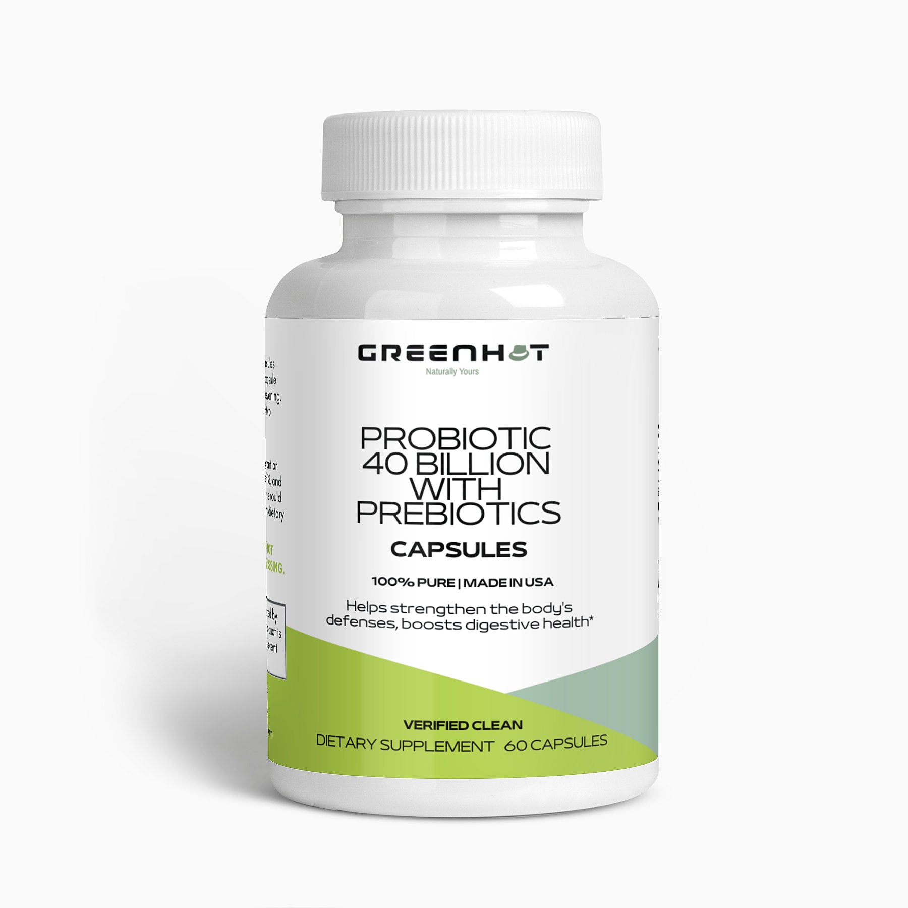 A bottle of GreenHat Probiotic 40 Billion with Prebiotics with a label stating "Probiotic 40 Billion cfu prebiotics & capsules," highlighting benefits for digestive balance and body defense.
