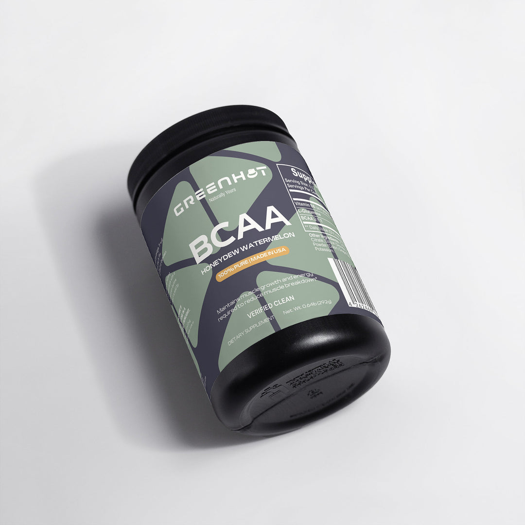 A container of GreenHat BCAA Post Workout Powder supplements in honeydew and watermelon flavor, displayed on a plain white background.
