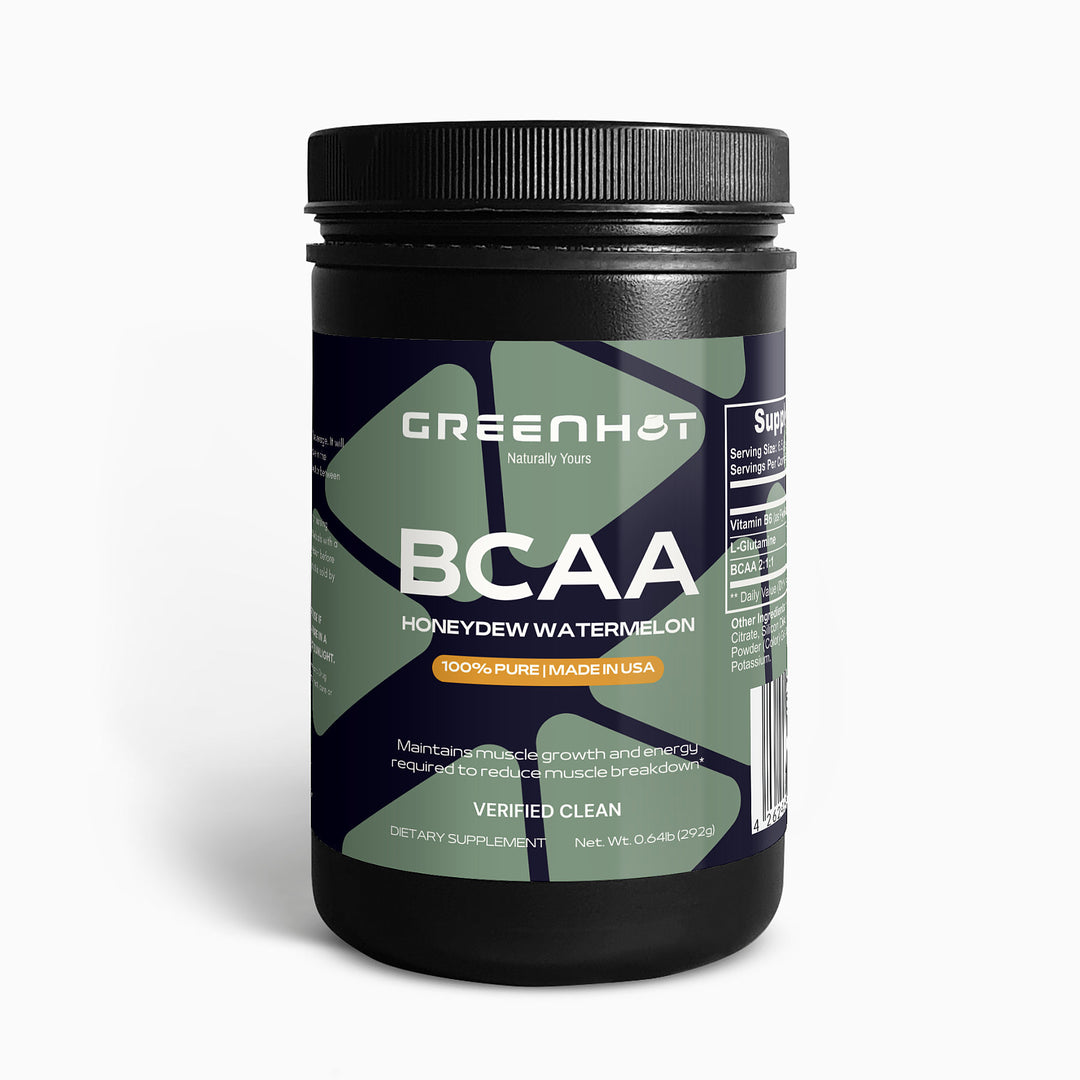 A container of GreenHat BCAA post-workout powder (Honeydew/Watermelon flavor), 100% pure, stating "made in USA" on the label, isolated on a white background.